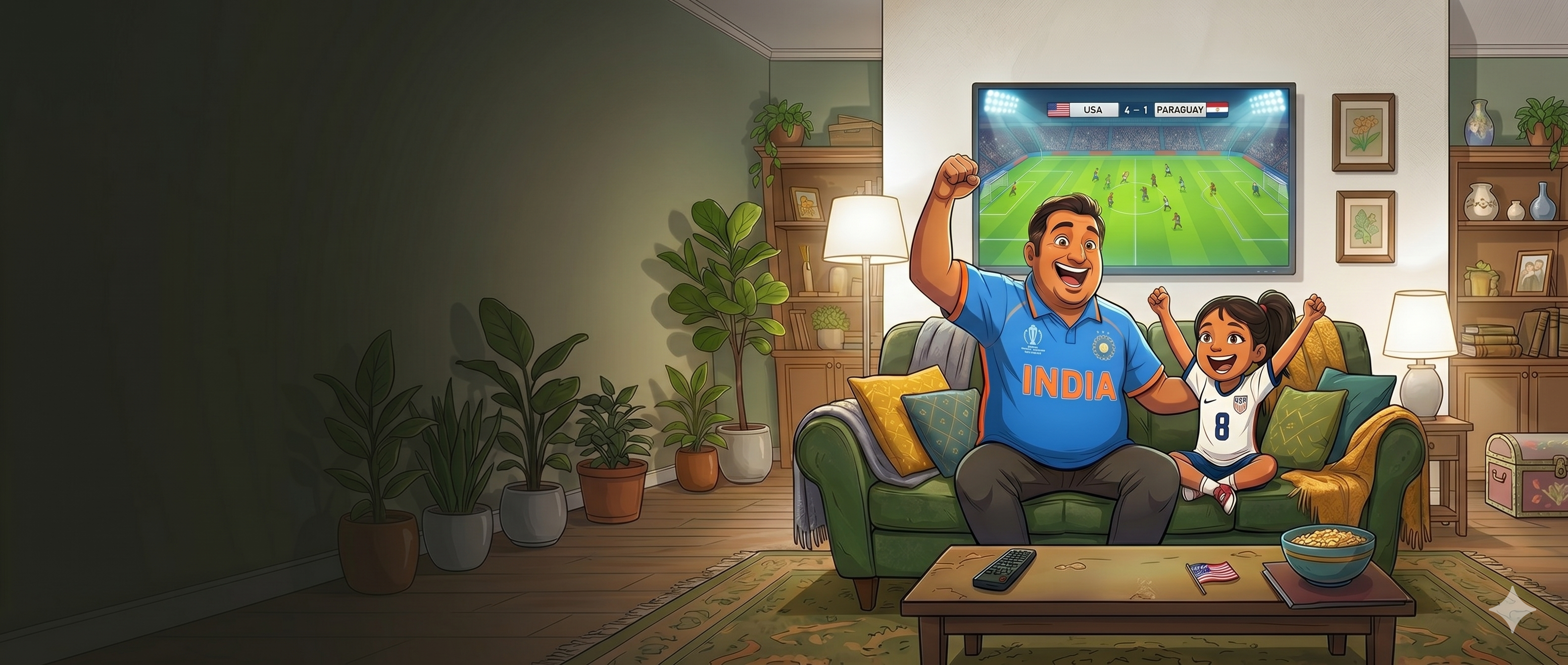 A father and daughter cheering while watching a World Cup match at home