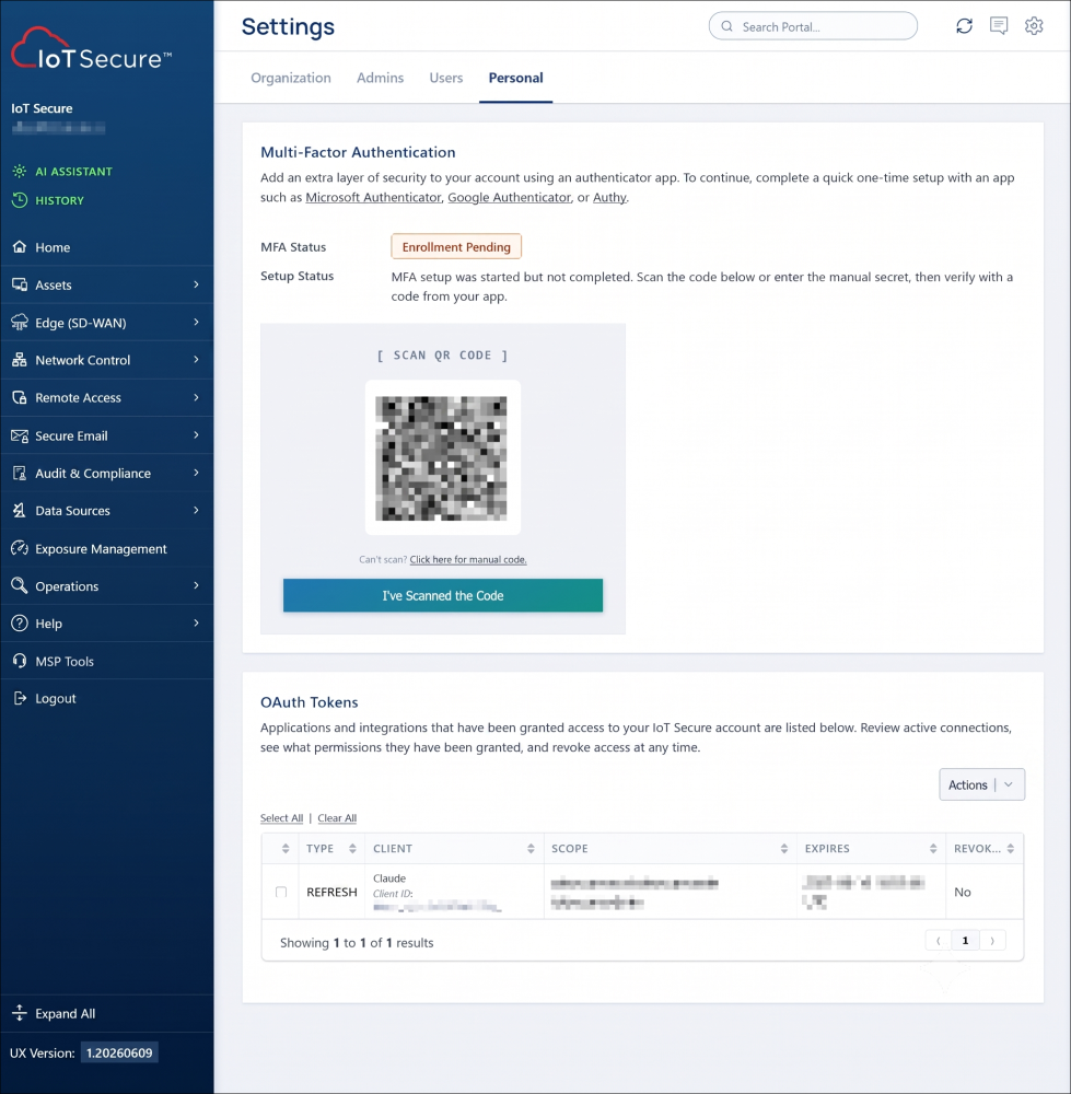 Customer-facing OAuth token management in the IoT Secure portal