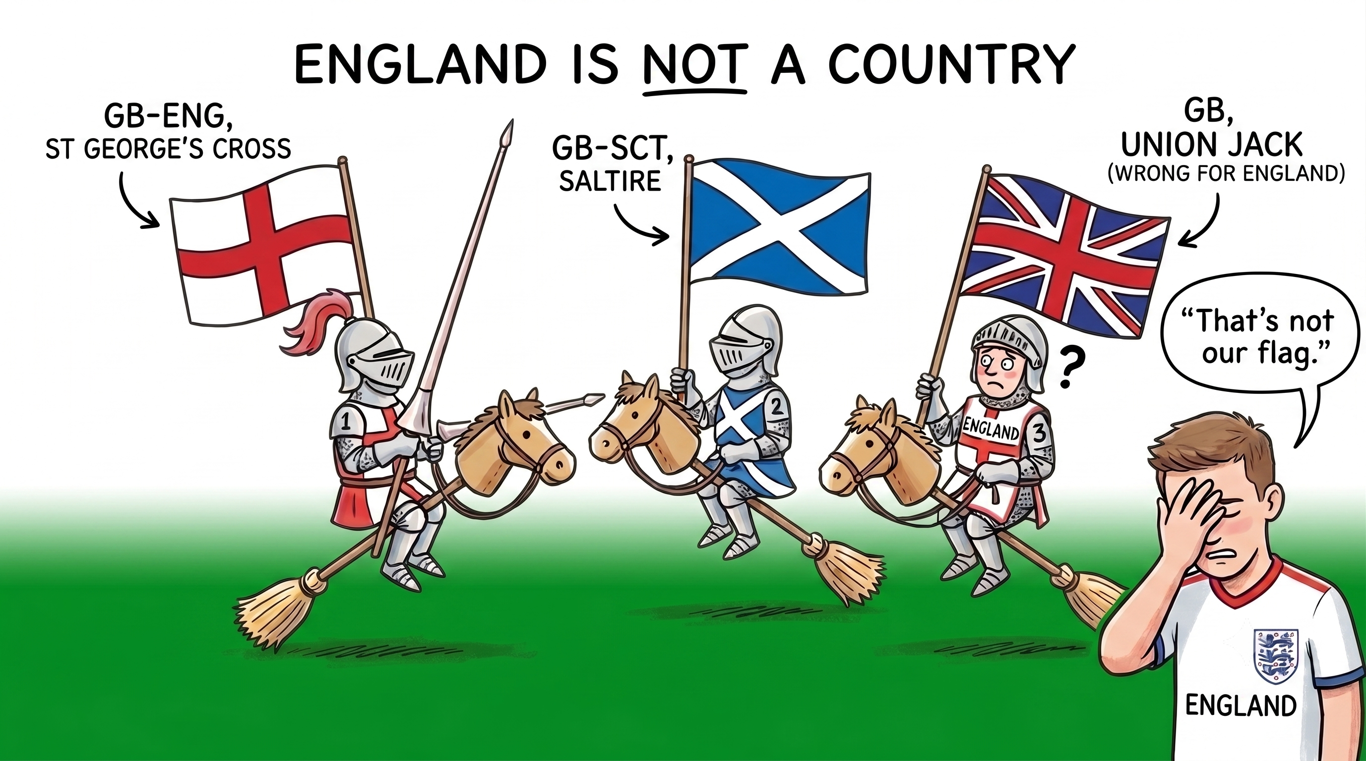 Illustration of three knights on hobby horses with St George's Cross, Saltire, and Union Jack flags, labeled GB-ENG, GB-SCT, and GB wrong for England, with a fan saying That's not our flag