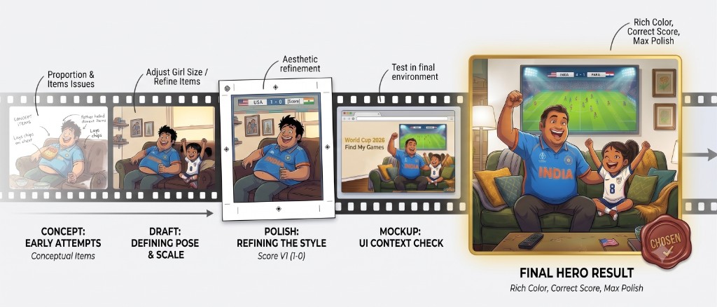 Timeline of hero image iterations from early concept sketches through draft, polish, UI mockup, to the final World Cup watch list illustration