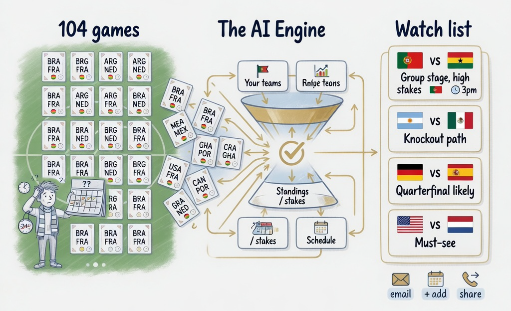 Hand-drawn infographic: 104 World Cup games flow through The AI Engine into a personalized watch list with email, calendar, and share options