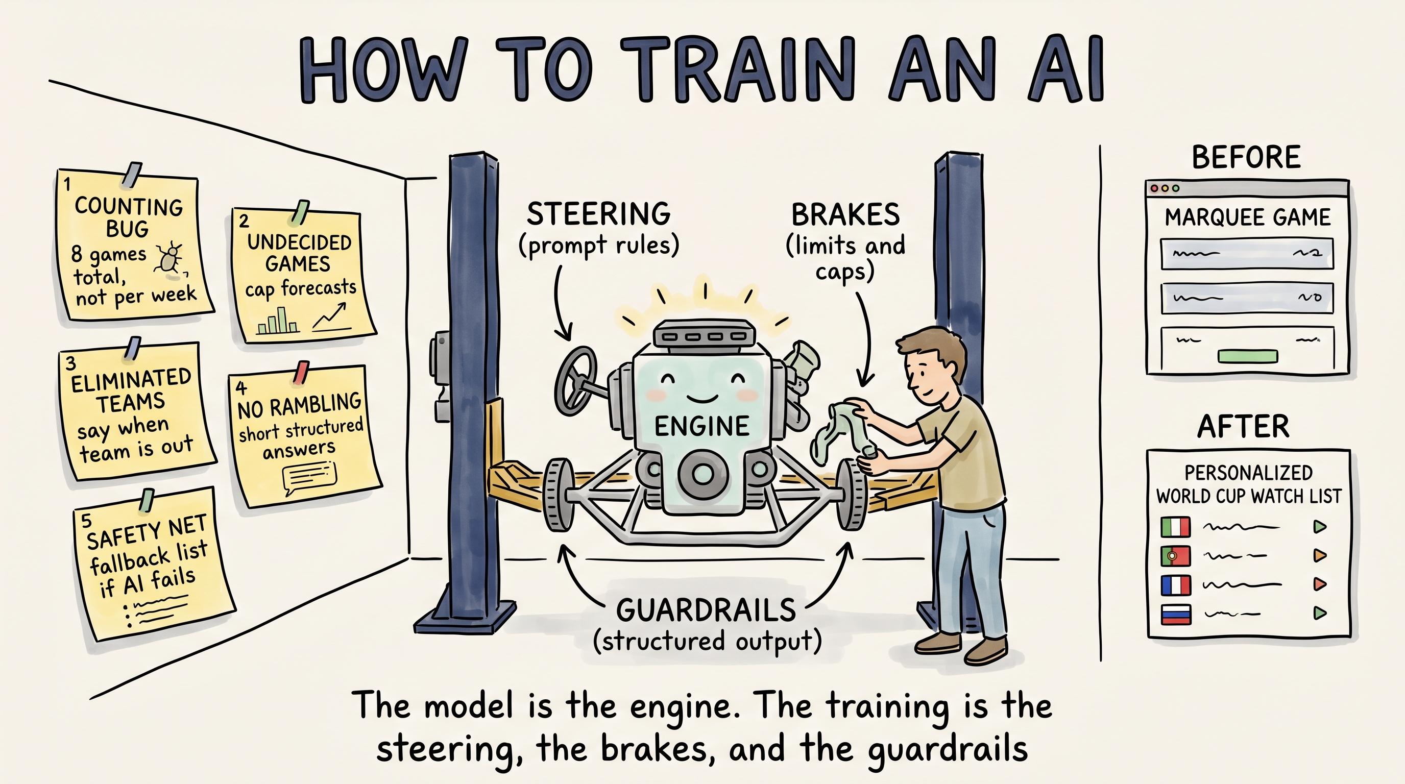Hand-drawn workshop infographic: AI engine on a lift with steering, brakes, and guardrails labels, sticky notes for counting bug, undecided games, eliminated teams, no rambling, and safety net, plus before and after watch list panels