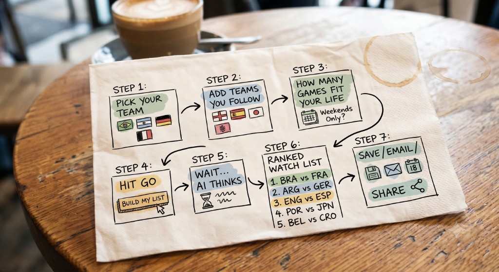Hand-drawn napkin sketch on a cafe table showing the World Cup watch list app flow: pick your team, add teams you follow, set how many games fit your life, hit go, AI ranks the list, then save, email, or share