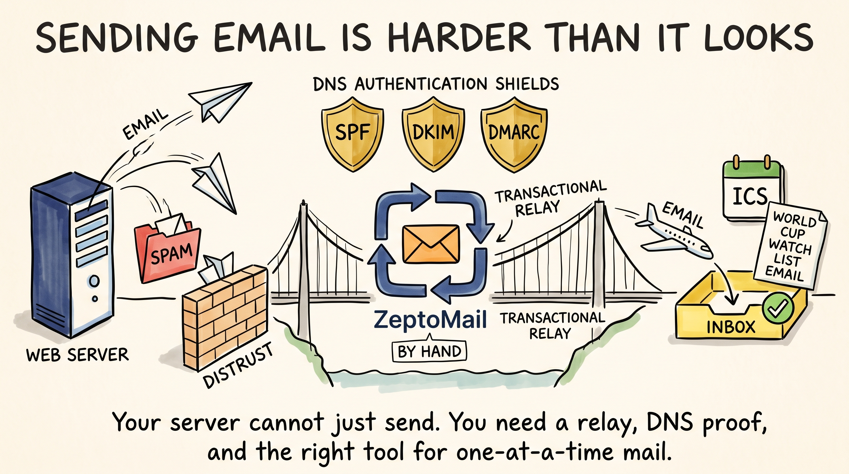 Hand-drawn infographic: web server emails blocked by spam and distrust until they pass SPF, DKIM, and DMARC shields through a ZeptoMail transactional relay bridge into the inbox with ICS calendar attachment
